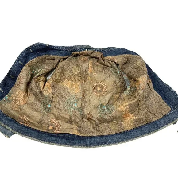 Elie Tahari Womens Beaded Collar Denim Jacket Floral Lining Button Front Size L - Picture 11 of 16